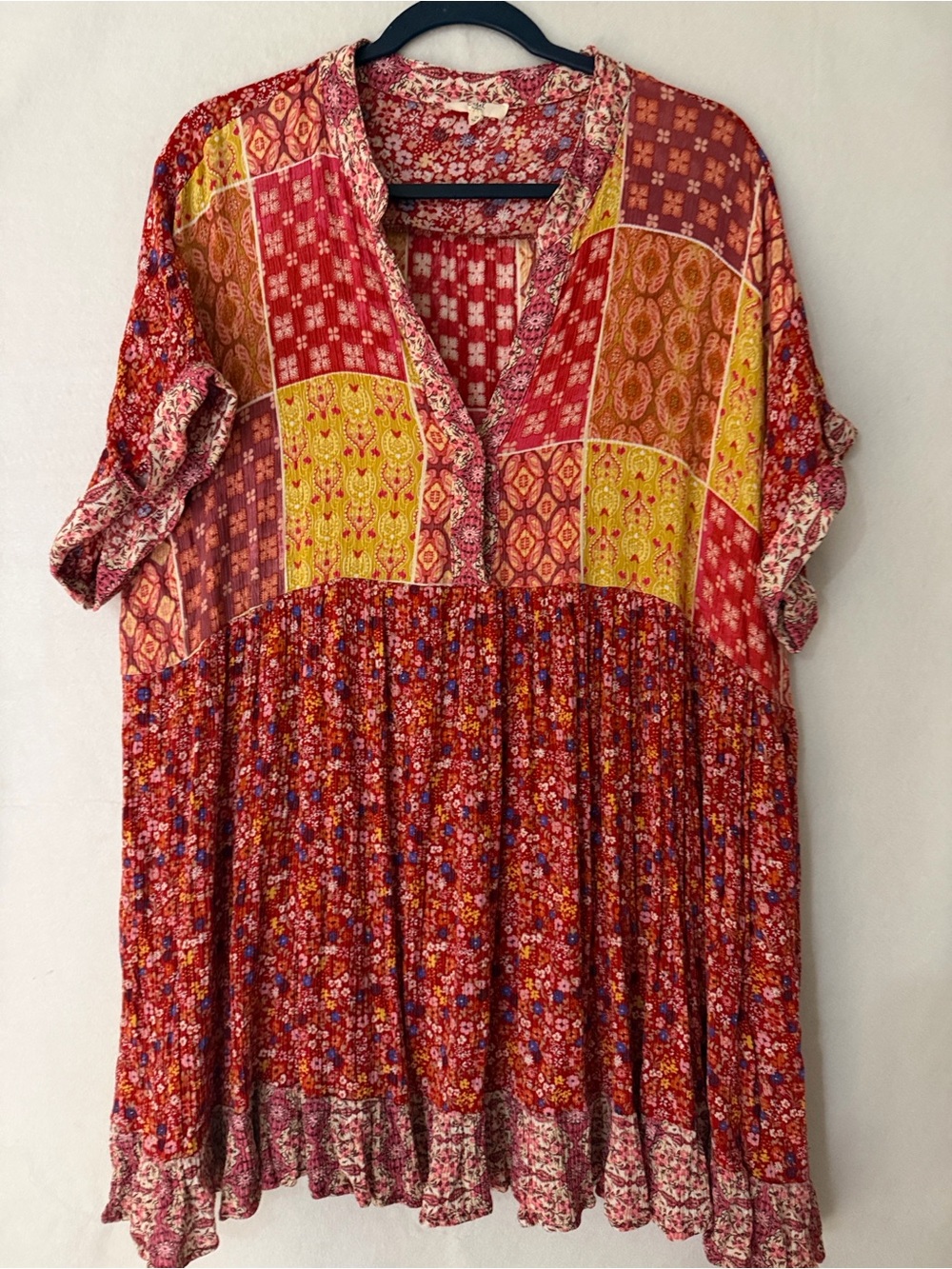 Easel boho, mixed floral patchwork,baby doll tunic dress top Cottagecore 2X - Picture 2 of 6